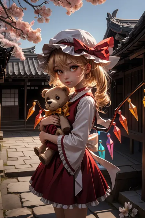 flandre scarlet,1girl, teddy_bear, solo, wings, mob_cap, holding_stuffed_toy, simple_background, crystal, frills, one_side_up, red_bow, looking_at_viewer, cowboy_shot, black_choker, standing, long_sleeves, black_background, closed_mouth, red_ribbon, glowing, bowtie, hat_ribbon, grey_background, expressionless, petticoat, hair_ribbon, red_dress, red_vest, wide_sleeves, shirt, yellow_ascot, red_skirt <lora:flandre:1>,star-shaped_pupils,symbol-shaped_pupils,. gorgeous,key visual, vibrant, studio anime,award-winning, professional, highly detailed,high budget, cinemascope,
Discover the beauty of Kiyomizu-dera Temple in Kyoto, perched on a hillside and offering panoramic views of the city, especially during the cherry blossom and autumn foliage seasons