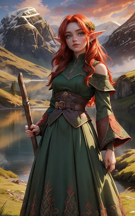 outdoor Scottish highlands,vivid sunset hues,fantasy setting. A striking redhead woman,(distinctly Scottish),wearing an elaborate elven-inspired gown. The gown is a fusion of deep emerald green and earthy browns,with intricate Celtic knotwork embroidery in gold thread.flowing sleeves,a fitted bodice,and a full,sweeping skirt that seems to blend with the rugged terrain. Her fiery red hair is styled in a cascade of loose curls. piercing green eyes reflect the wild beauty of the landscape. She stands atop a grassy knoll,overlooking a misty loch. In her hands,she holds an ancient,rune-carved staff,emanating a soft,otherworldly glow.