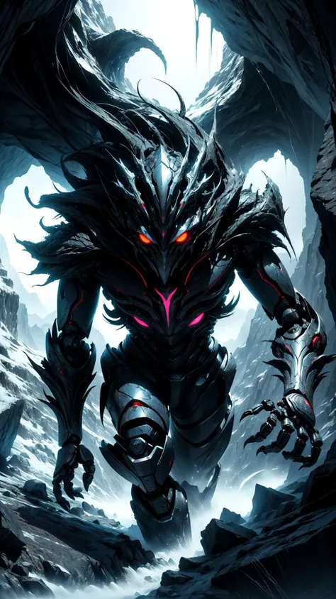 a terrifying [train: robot:0.5] with glowing eyes emerges from an impossibly deep chasm between two mountains, bottomless, dark, fantasy, ornate, intense lighting, high quality, best quality,  award winning, high contrast, cinematic lighting, (masterpiece),