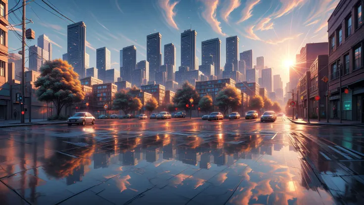 Seattle, Early morning intersection, scenery reflected in puddles, anime style illustration <lora:add_detail:1>