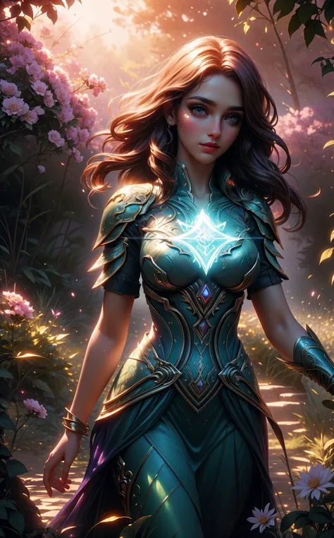 (mythical cinematic establishing shot of gorgeous woman, highly detailed background:1.2), volumetric lighting, subsurface scattering, dynamic pose, (special effects, color grading, fantasy aura), (Flora Magician:1.4), (Cleavage, Large Covered breasts:0.81), Blossoming garden, magical flora, botanical spells, flowering staff (Layered Depth, Parallax Effect, Soft focus foreground, Painted Scenery:1.3),(cinematic establishing shot, highly detailed background:1.2), volumetric lighting, subsurface scattering, dynamic pose, (special effects, color grading, fantasy aura),