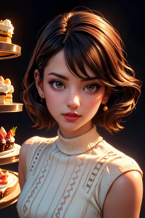 (ultra realistic,32k, masterpiece:1.2),(high detailed skin:1.1),( high quality:1.1),
detailed hair,
intricate detail,
(detailed realistic background:1.3),
realistic lighting,
[cinematic lighting|sunset lighting],
masterpiece,
high quality,
32k,
hyperrealism,
soothing tones,
muted colors,
high contrast,
soft light,
sharp,
artistic photoshoot, senior,cute,slender,european, eyes,pale cheeks,square face shape with angular jaw,natural "no-makeup" makeup,detailed hair,small breasts,legs, perfect fingers,black stockings,wearing 90's inspired clothing, including Mock neck Aran sweater tucked into a pleated metallic midi skirt with heels and terry cloth bottoms ,Copper shag hair,
Gourmet Dessert Display: A beautifully arranged display counter showcases an array of gourmet desserts, from delicate pastries to decadent cakes. The enticing desserts become edible works of art that tempt customers to indulge their sweet cravings.