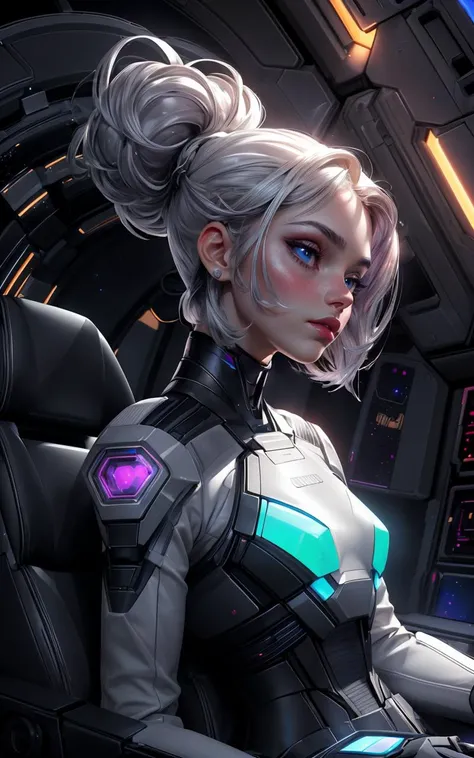 (beautiful young skinny caucasian adult woman sitting in spaceship cockpit looking over shoulder at viewer:1.2),(over the shoulder:1.1), ( still:1.1), side view, (spaceship cockpit:1.1), glowing holographic instruments, (beautiful face:1.11), from behind, smart fabric flightsuit:1.1, lightweight structured jacket with sharp geometric lines, utility belt, knee-high boots, fingerless gloves, (large spaceship cockpit with highly polished flooring and stellar view), backlit hair, perfect face, feminine physique, (pale freckles:0.6), (black and silver accents), perfect eyes, (studio lighting:0.3), low key, joystick++, thin pouting lips, (white++ bob hair, ombre tips:1.2), wide set soft+ turquoise++ eyes, skin pores, (small retrousse nose:1.2), (pale skin), supernova, ultra detailed, (Intricate Environment)++, best quality, masterpiece, dramatic angle, highest detailed face, eyelid shimmer makeup, silver eyeshadow, iridescent cheekbones, muted rose lips, deep space blue, (volumetric lighting:1.1), (available light:0.7),BREAK, starlight silver, nebula pink, black hole black, planetary rings, asteroid clusters, geometric shapes, angular contours, Holographic control panels, chiaroscuro effects, reflective surfaces, star-filled skies, distant galaxies, shimmering surfaces, iridescent sci-fi materials, clean lines, modernistic details, 8k, best quality, masterpiece