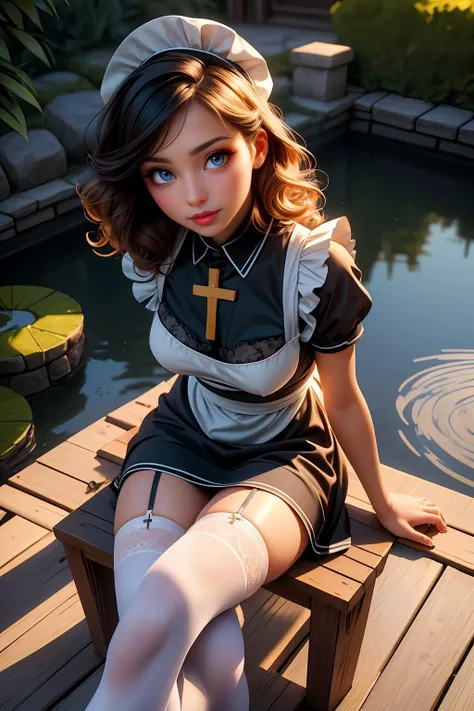 (ultra realistic,32k, masterpiece:1.2),(high detailed skin:1.1),( high quality:1.1),
detailed hair,
intricate detail,
(detailed realistic background:1.3),
realistic lighting,
[cinematic lighting|sunset lighting],
masterpiece,
high quality,
32k,
hyperrealism,
soothing tones,
muted colors,
high contrast,
soft light,
sharp,
artistic photoshoot,
<lora:lora_perfecteyes_v1_from_v1_160:0.8> , perfecteyes eyes,
senior,cute,slender,european, eyes,pale cheeks,square face shape with angular jaw,natural "no-makeup" makeup,detailed hair,small breasts,white thighhighs,(looking at viewer, sitting,cross-legged, from above:1.5),
French Maid (Early 20th Century): 1girl with curly blonde hair, bright green eyes, light skin, petite, wearing a short, black (maid dress1.2) with white lace trim, a full white apron, a cap, and sometimes carrying a feather duster, (stockings:1.1).,
walnut gentle curls hair,
Discover the beauty of the Suizen-ji Joju-en Garden in Kumamoto, designed to represent various scenic spots from Japan and China, featuring a tranquil pond, mini-mountains, and a tea house