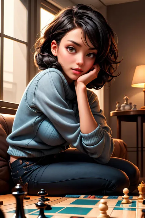 (ultra realistic,32k, masterpiece:1.2),(high detailed skin:1.1),( high quality:1.1),
detailed hair,
intricate detail,
(detailed realistic background:1.3),
realistic lighting,
[cinematic lighting|sunset lighting],
masterpiece,
high quality,
32k,
hyperrealism,
soothing tones,
muted colors,
high contrast,
soft light,
sharp,
artistic photoshoot, senior,cute,slender,european, eyes,pale cheeks,square face shape with angular jaw,natural "no-makeup" makeup,detailed hair,small breasts,legs, perfect fingers,black stockings,wearing 90's inspired clothing, including Aran sweater vest layered over a chambray shirt and distressed jeans with ankle booties and black stockings ,Light Black (Soft Black) infinity braid hairstyle,
Vintage Board Games: Vintage board games, such as chess, Scrabble, and Monopoly, are available for guests to enjoy. Patrons can engage in friendly competitions while sipping their beverages, fostering a sense of nostalgia and camaraderie.