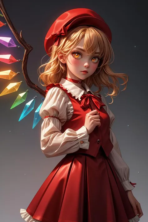 flandre scarlet,1girl, teddy_bear, solo, wings, mob_cap, holding_stuffed_toy, simple_background, crystal, frills, one_side_up, red_bow, looking_at_viewer, cowboy_shot, black_choker, standing, long_sleeves, black_background, closed_mouth, red_ribbon, glowing, bowtie, hat_ribbon, grey_background, expressionless, petticoat, hair_ribbon, red_dress, red_vest, wide_sleeves, shirt, yellow_ascot, red_skirt <lora:flandre_scarlet_image12338_2023-12-11-000005:1>,star-shaped_pupils,symbol-shaped_pupils,. gorgeous,key visual, vibrant, studio anime,award-winning, professional, highly detailed,high budget, cinemascope