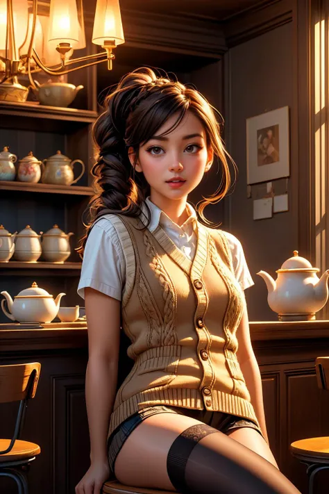 (ultra realistic,32k, masterpiece:1.2),(high detailed skin:1.1),( high quality:1.1),
detailed hair,
intricate detail,
(detailed realistic background:1.3),
realistic lighting,
[cinematic lighting|sunset lighting],
masterpiece,
high quality,
32k,
hyperrealism,
soothing tones,
muted colors,
high contrast,
soft light,
sharp,
artistic photoshoot, senior,cute,slender,european, eyes,pale cheeks,square face shape with angular jaw,natural "no-makeup" makeup,detailed hair,small breasts,legs, perfect fingers,black stockings,wearing 90's inspired clothing, including Fringe knit vest and black stockings ,Light Brown Dutch braid ponytail,
Floating Shelves: Floating shelves adorned with curated decorative items, such as ceramic figurines, vintage teapots, and artistic sculptures, line the walls of the cafe. The shelves add an element of visual interest and whimsy to the interior.