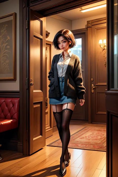 (ultra realistic,32k, masterpiece:1.2),(high detailed skin:1.1),( high quality:1.1),
detailed hair,
intricate detail,
(detailed realistic background:1.3),
realistic lighting,
[cinematic lighting|sunset lighting],
masterpiece,
high quality,
32k,
hyperrealism,
soothing tones,
muted colors,
high contrast,
soft light,
sharp,
artistic photoshoot, senior,cute,slender,european, eyes,pale cheeks,square face shape with angular jaw,natural "no-makeup" makeup,detailed hair,small breasts,legs, perfect fingers,black stockings,wearing 90's inspired clothing, including Pointelle knit cardigan and black stockings ,Grey spiky cut hair,
Entrance: A welcoming entrance greets customers with a large wooden door adorned with intricate carvings. Above the door, a vintage sign with the cafe's name hangs elegantly, inviting passersby inside. A cozy seating area with comfortable armchairs and small tables welcomes guests as they step inside.