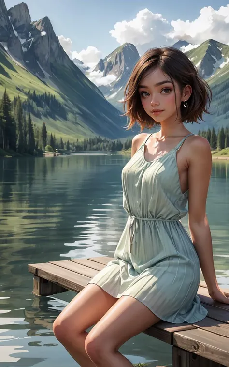 (scenic outdoor lake setting), (sunlit pier), young adult woman, casual summer fashion, ((dipping legs into the lake)), relaxed pose, breezy hairstyle, subtle makeup, (lightweight fabric, flowing dress), nature-inspired colors, serene expression, (background: lush greenery, distant mountains), warm afternoon light, (sense of tranquility and connection with nature)