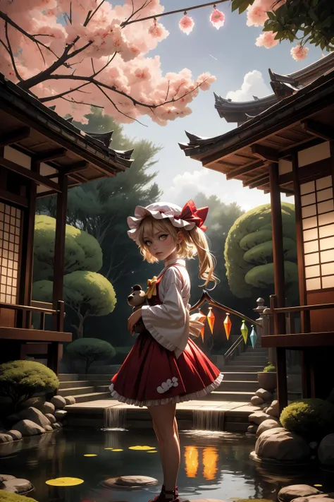 flandre scarlet,1girl, teddy_bear, solo, wings, mob_cap, holding_stuffed_toy, simple_background, crystal, frills, one_side_up, red_bow, looking_at_viewer, cowboy_shot, black_choker, standing, long_sleeves, black_background, closed_mouth, red_ribbon, glowing, bowtie, hat_ribbon, grey_background, expressionless, petticoat, hair_ribbon, red_dress, red_vest, wide_sleeves, shirt, yellow_ascot, red_skirt <lora:flandre:1>,star-shaped_pupils,symbol-shaped_pupils,. gorgeous,key visual, vibrant, studio anime,award-winning, professional, highly detailed,high budget, cinemascope,
Step into the enchanting world of Katsura Imperial Villa in Kyoto, a masterpiece of Japanese architecture and garden design, with its meticulously crafted tea houses, ponds, and lush greenery