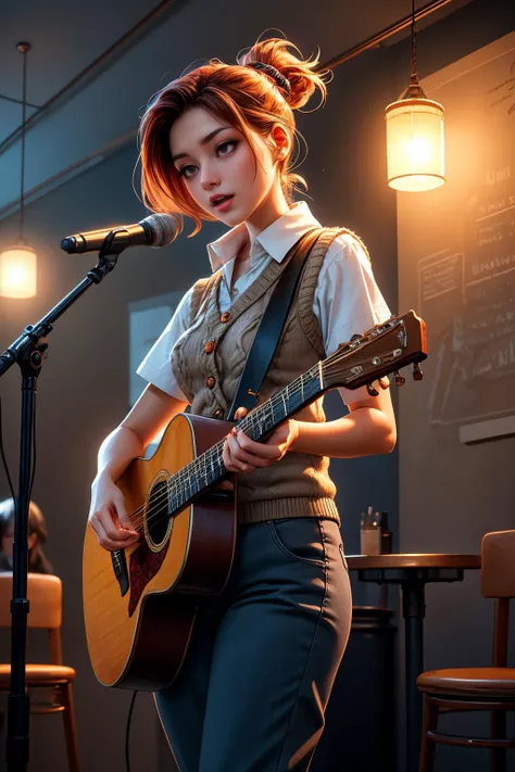 (ultra realistic,32k, masterpiece:1.2),(high detailed skin:1.1),( high quality:1.1),
detailed hair,
intricate detail,
(detailed realistic background:1.3),
realistic lighting,
[cinematic lighting|sunset lighting],
masterpiece,
high quality,
32k,
hyperrealism,
soothing tones,
muted colors,
high contrast,
soft light,
sharp,
artistic photoshoot, senior,cute,slender,european, eyes,pale cheeks,square face shape with angular jaw,natural "no-makeup" makeup,detailed hair,small breasts,legs, perfect fingers,black stockings,wearing 90's inspired clothing, including Cable-knit Aran sweater vest with a button-up shirt and tailored trousers and drawstring bottoms ,Copper knotted ponytail,
Acoustic Music Stage: The cafe features an acoustic music stage where local musicians perform live, creating a soothing and melodic ambiance. Guests can enjoy live performances ranging from soulful acoustic melodies to captivating folk tunes.