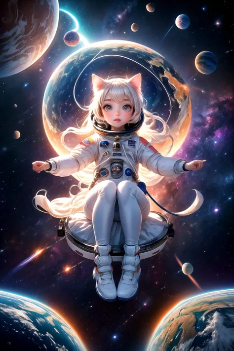Generate an adorable image of a cat girl astronaut floating in space, wearing a sleek astronaut suit. Capture the whimsy of the scene with a cute expression on her face. Surround her with the vastness of space, including stars, planets, and the curvature of the Earth. Optimize for a delightful and visually striking image that brings together the charm of a cat and the wonder of space. No need for a rating.