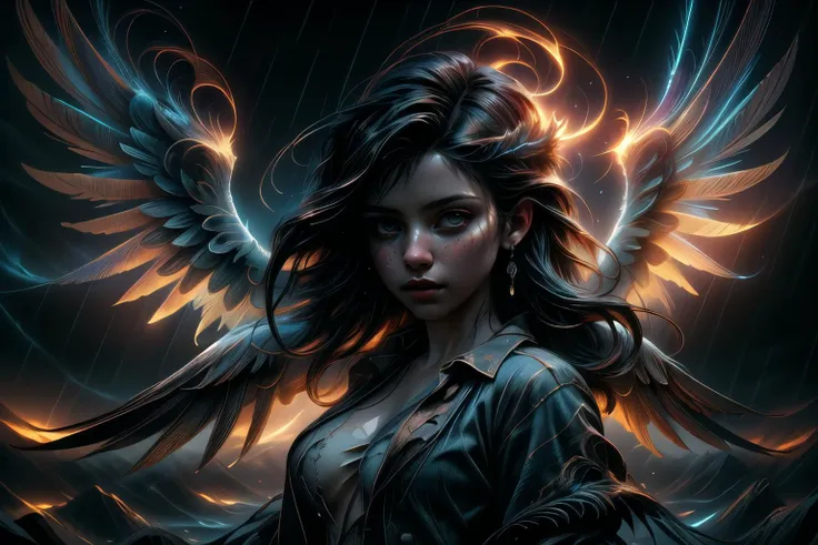 trending on artstation, masterpiece,Angel with 2 wings, colourful, torn and tattered clothes dark background, dynamic pose,, (intricate details), (hyperdetailed), 8k hdr, high detailed, lot of details, high quality, soft cinematic light, dramatic atmosphere, atmospheric perspective rain fog