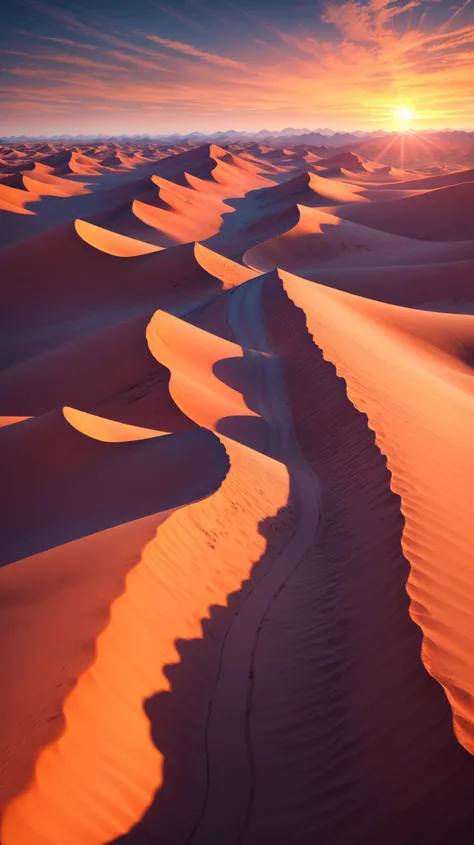 a sunset over a desert, masterpiece, 8k, award winning, high quality, best quality, cinematic, intense lighting, vivid colors, extremely detailed