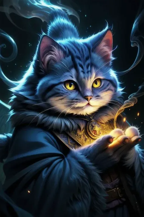 a portrait of a fluffy (wizard cat:1.2), extremely detailed, vivid colors, fairy tale, fantasy, medieval, magical light, smoke, dark background, high quality, best quality,  award winning, high contrast, cinematic lighting, (masterpiece),