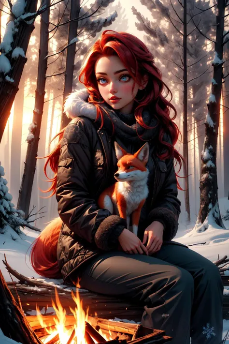 a beautiful girl with a cute pet fox, red hair, european, in a winter forest, warm fur clothes, perfect eyes, fully clothed, sitting nest to a camp fire, uhd, high contrast, deep shadows, unreal engine, 8k, bright and vivid colors, (intense lighting: 1.3), award winning masterpiece, extremely detailed, detailed background, cinematic,