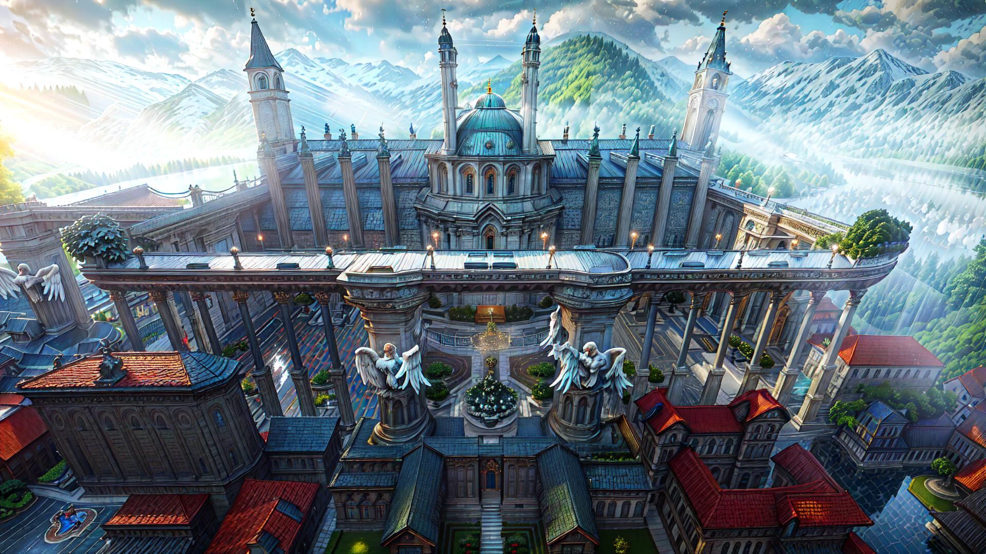 church AND palace,mosque,((Blue_roof)),Trees planted on platforms,aerial gardens,bell tower,Angel_Sculpture AND wings,garden,fountain,europe city,small house,forest,lake,river,outdoors,no humans,masterpiece,8k,award winning,high quality,best quality,cinematic,intense lighting,vivid colors,extremely detailed,