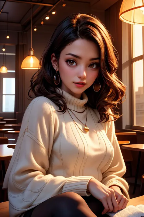 (ultra realistic,32k, masterpiece:1.2),(high detailed skin:1.1),( high quality:1.1),
detailed hair,
intricate detail,
(detailed realistic background:1.3),
realistic lighting,
[cinematic lighting|sunset lighting],
masterpiece,
high quality,
32k,
hyperrealism,
soothing tones,
muted colors,
high contrast,
soft light,
sharp,
artistic photoshoot, senior,cute,slender,european, eyes,pale cheeks,square face shape with angular jaw,natural "no-makeup" makeup,detailed hair,small breasts,legs, perfect fingers,black stockings,wearing 90's inspired clothing, including Bell sleeve knit wrap blouse and black stockings ,Auburn loose ringlets hair,
Ambient Lighting: Soft, warm lighting fixtures, including chandeliers and pendant lights, create an intimate and cozy ambiance throughout the cafe. The lighting is carefully balanced to enhance the beauty of the space while providing ample illumination for reading and socializing.