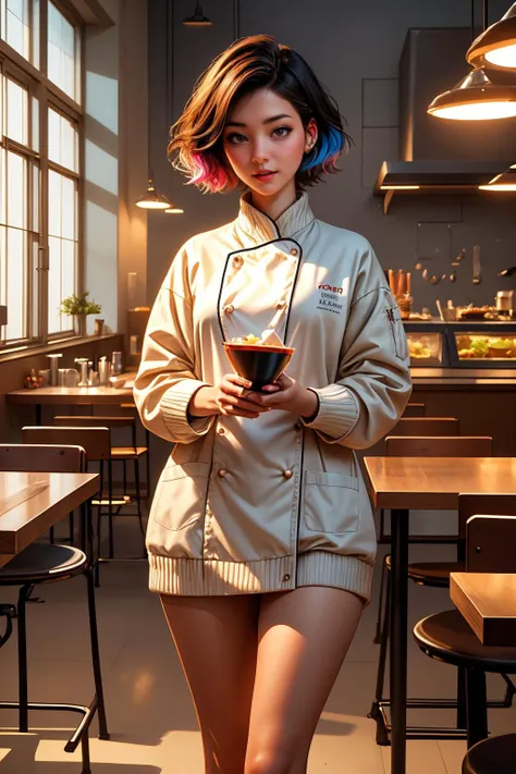 (ultra realistic,32k, masterpiece:1.2),(high detailed skin:1.1),( high quality:1.1),
detailed hair,
intricate detail,
(detailed realistic background:1.3),
realistic lighting,
[cinematic lighting|sunset lighting],
masterpiece,
high quality,
32k,
hyperrealism,
soothing tones,
muted colors,
high contrast,
soft light,
sharp,
artistic photoshoot, senior,cute,slender,european, eyes,pale cheeks,square face shape with angular jaw,natural "no-makeup" makeup,detailed hair,small breasts,legs, perfect fingers,black stockings,wearing 90's inspired clothing, including Colorful knit sweater and fleece bottoms ,Silver pixie cut hair,
Molecular Gastronomy Lab: A dedicated corner within the cafe houses a molecular gastronomy lab, where skilled chefs experiment with innovative culinary techniques and create visually stunning dishes. Guests can witness the science behind gastronomy and indulge in a multisensory dining experience.
