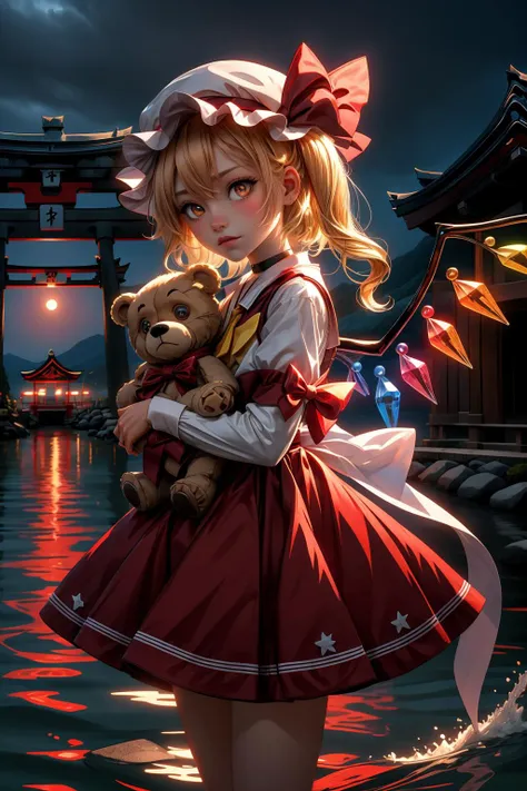 flandre scarlet,1girl, teddy_bear, solo, wings, mob_cap, holding_stuffed_toy, simple_background, crystal, frills, one_side_up, red_bow, looking_at_viewer, cowboy_shot, black_choker, standing, long_sleeves, black_background, closed_mouth, red_ribbon, glowing, bowtie, hat_ribbon, grey_background, expressionless, petticoat, hair_ribbon, red_dress, red_vest, wide_sleeves, shirt, yellow_ascot, red_skirt <lora:flandre:1>,star-shaped_pupils,symbol-shaped_pupils,. gorgeous,key visual, vibrant, studio anime,award-winning, professional, highly detailed,high budget, cinemascope,
Visit the iconic Itsukushima Shrine on Miyajima Island, famous for its stunning red torii gate that appears to float on the water during high tide, creating a picture-perfect scene