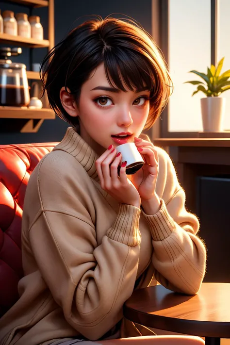 (ultra realistic,32k, masterpiece:1.2),(high detailed skin:1.1),( high quality:1.1),
detailed hair,
intricate detail,
(detailed realistic background:1.3),
realistic lighting,
[cinematic lighting|sunset lighting],
masterpiece,
high quality,
32k,
hyperrealism,
soothing tones,
muted colors,
high contrast,
soft light,
sharp,
artistic photoshoot, senior,cute,slender,european, eyes,pale cheeks,square face shape with angular jaw,natural "no-makeup" makeup,detailed hair,small breasts,legs, perfect fingers,black stockings,wearing 90's inspired clothing, including Aran sweater duster coat worn over a sweater dress and linen bottoms ,Copper pixie cut hair,
Interactive Coffee Tasting: A designated coffee tasting area allows customers to participate in interactive coffee tasting sessions guided by knowledgeable baristas. Guests can explore different flavor profiles, aroma notes, and brewing methods to expand their coffee palate.