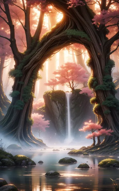 (Layered Depth, Parallax Effect, Soft focus foreground, Painted Scenery:1.3),(cinematic establishing shot, highly detailed background:1.2), volumetric lighting, subsurface scattering, dynamic pose, (special effects, color grading, fantasy aura),    A hidden valley where the World Trees roots delve into mystical springs
