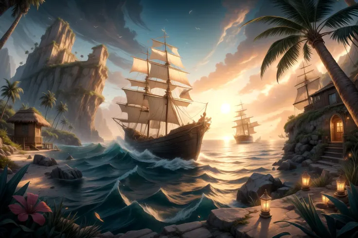 An intrepid pirate captain embarks on an epic island adventure, navigating through treacherous waters in search of hidden treasures. The sun sets over the dramatic landscapes, casting long shadows on the palm-covered shores. The air is filled with the scent of salty sea breeze as the pirate's ship anchors near the mysterious island. The lush, untamed jungle conceals secrets waiting to be discovered, and ancient ruins hint at a forgotten history. The pirate's quest is fueled by the thrill of exploration, promising an unforgettable journey in this remote and captivating island realm,
<lora:add_detail:0.4>, 8k, hdr, (masterpiece, best quality)