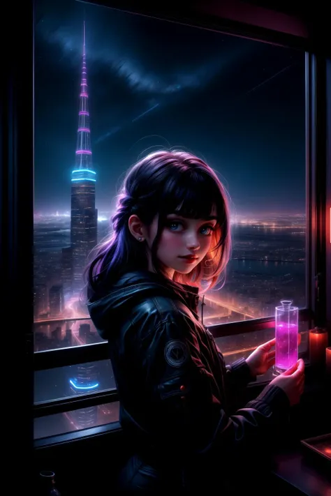 a girl looking through his window to a neon city at night, <lora:add_detail:0.4>, 8k, hdr, (masterpiece, best quality)