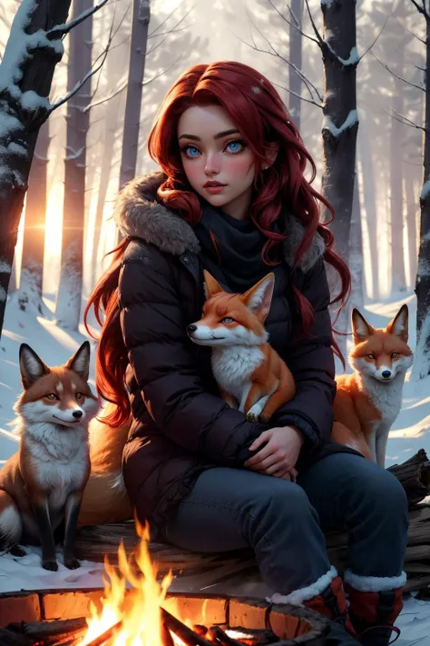 a beautiful girl with a cute pet fox, red hair, european, in a winter forest, warm fur clothes, (perffect eyes), fully clothed, sitting nest to a camp fire, uhd, high contrast, deep shadows, unreal engine, 8k, bright and vivid colors, (intense lighting: 1.3), award winning masterpiece, extremely detailed, detailed background, cinematic,