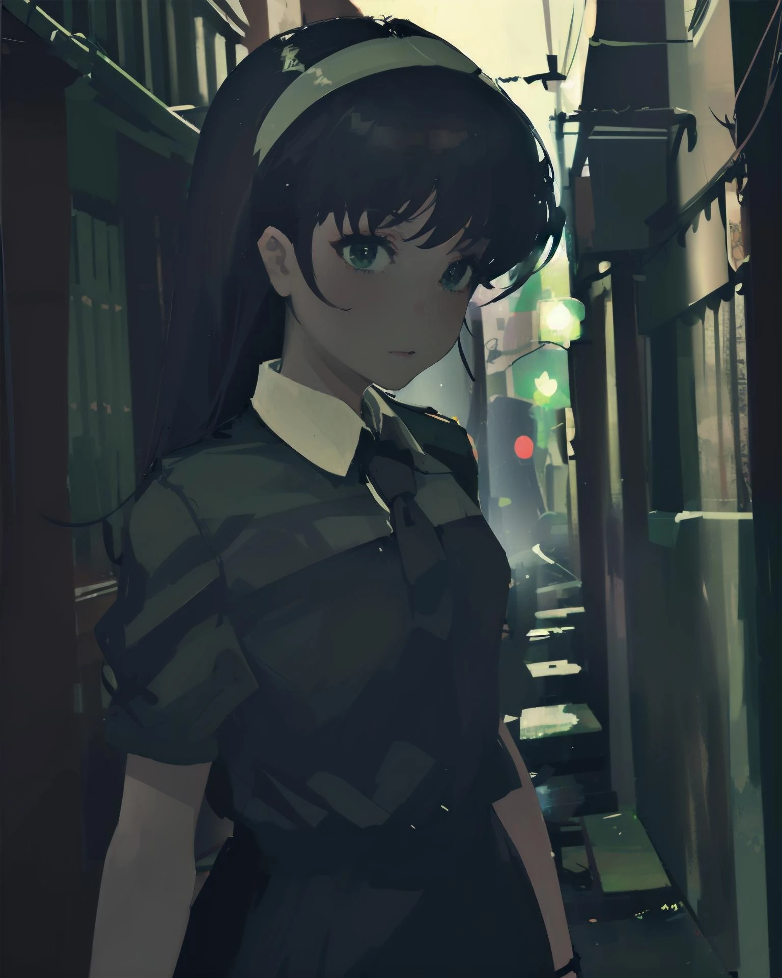 ((masterpiece, best quality)),ultra detailed,1girl,<lora:SANFU-qiuwu-v1.0:1.0>,qiuwu,long hair,hairband,
black dress,collared dress,puffy short sleeves,black footwear,long dress, upper body, dynamicangle,
Investigation,Mysterious,dark theme,alley