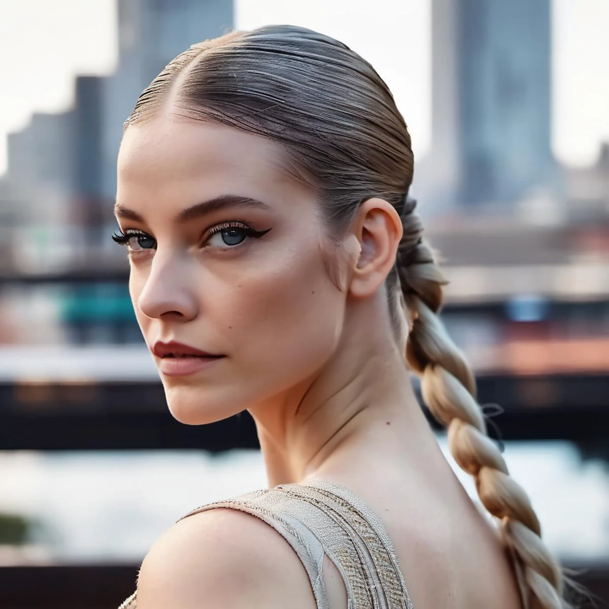 (Skin Texture, pores, natural,iPhone,RAW)), natural lighting, Highest Quality (closeup) Portrait photo of a woman with long braided platinum blonde hair, Nikon Z9, realistic matte skin, blurry city in the background, 8K, ((looking straight at the camera)), brxpalvin, <lora:barpalvin_juggerX_xl_1_wocap_merger_84_91_06_04-brxpalvin:1>