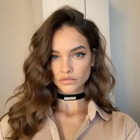 Dimly lit, Looking straight at the camera,natural soft lighting, skin texture, Instagram closeup selfie of a woman with wavy hair wearing a choker, wearing clear lipgloss,f/1.8,wearing a plain beige shirt, brxpalvin,   <lora:barpalvin_juggerX_xl_1_wocap_merger_84_91_06_04-brxpalvin:1>