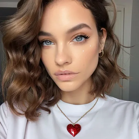 Dimly lit, Looking straight at the camera,natural soft lighting, skin texture, Instagram closeup selfie of a woman with wet glossy lips with wavy hair wearing a heart necklace, wearing clear lipgloss,f/1.8,wearing a tutleneck shirt, brxpalvin, <lora:barpalvin_juggerX_xl_1_wocap_merger_84_91_06_04-brxpalvin:1>