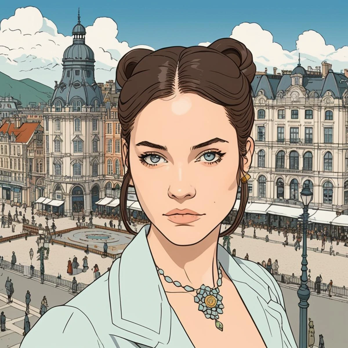 Studio ghibli style illustration of the face of a woman looking at the viewer with a victorian city square in the background, brxpalvin, <lora:barpalvin_juggerX_xl_1_wocap_merger_84_91_06_04-brxpalvin:1>