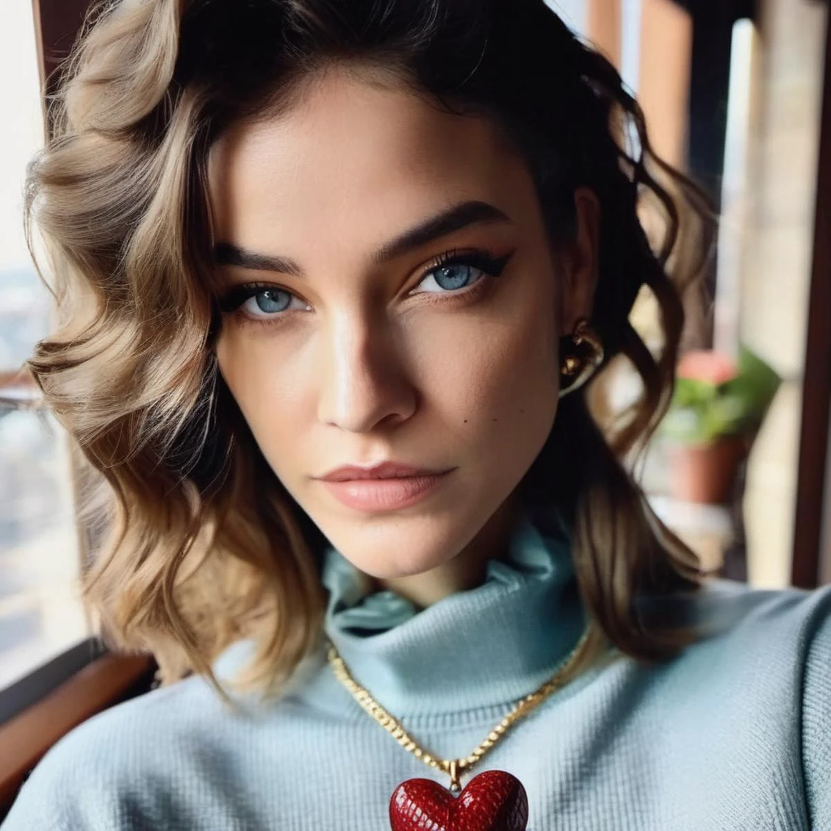 Looking straight at the camera, Film grain, skin texture, Instagram closeup selfie of a woman with beautiful wavy hair wearing a heart necklace,f/1.8,wearing a tutleneck shirt, brxpalvin, <lora:barpalvin_juggerX_xl_1_wocap_merger_84_91_06_04-brxpalvin:1>