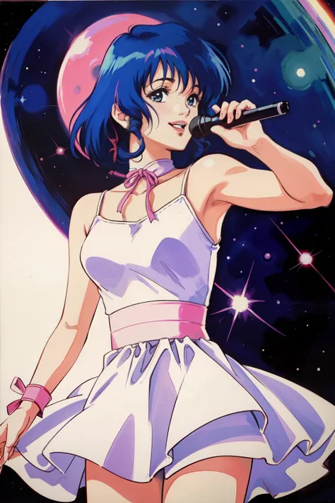 (best quality, masterpiece, RAW photo,ultra-detailed:1.2), <lyco:GoodHands-beta2:1.0>,1girl,solo,looking at viewer,smile <lyco:LynnMinmay:0.7> lynn minmay,
WHITE DRESS,pink ribbon,outer space, cosmic background, singing, floating,