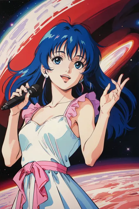 (best quality, masterpiece, RAW photo,ultra-detailed:1.2), <lyco:GoodHands-beta2:1.0>,1girl,solo,looking at viewer,smile <lyco:LynnMinmay:0.65> lynn minmay,
WHITE DRESS,pink ribbon,outer space, cosmic background, singing, floating,