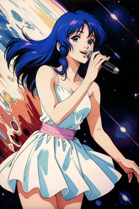 (best quality, masterpiece, RAW photo,ultra-detailed:1.2), <lyco:GoodHands-beta2:1.0>,1girl,solo,looking at viewer,smile <lyco:LynnMinmay:0.65> lynn minmay,
WHITE DRESS,pink ribbon,outer space, cosmic background, singing, floating, blue long hair,
