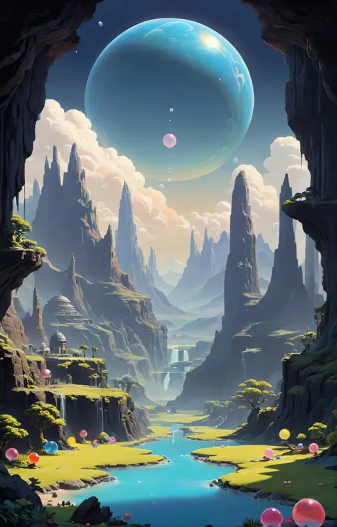 Bubble Bobble style, (Chesley Bonestell, a detailed matte painting, matte painting), Dreamy aesthetics, bright colors, stunning background. dark and moody, a mesmerizing blend of light and shadow. masterpiece, absurdres, intricate details <lora:aki:0.6>, 8-bit, cute, pixelated, fantasy, vibrant, reminiscent of Bubble Bobble game