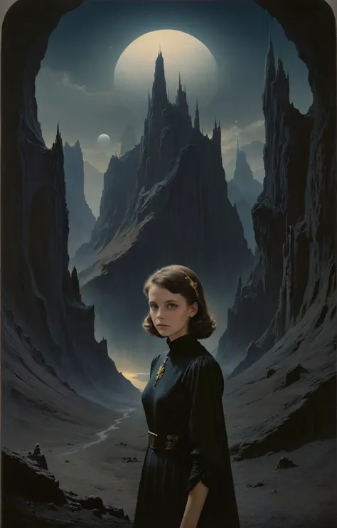 Faded Polaroid Photo of (Chesley Bonestell, a detailed matte painting, matte painting, 1girl portrait), Gothic aesthetics, vivid colors, stunning background. dark and moody, a mesmerizing blend of light and shadow. masterpiece, absurdres, intricate details <lora:aki:0.7>, analog, old faded photo, old polaroid