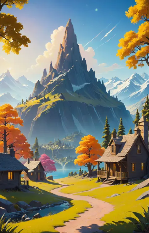 Fortnite Art Style, (Chesley Bonestell, a detailed matte painting, matte painting, portrait), Cottagecore aesthetics, vibrant colors, stunning background. bathed in sunlight, a mesmerizing blend of light and shadow. masterpiece, absurdres, intricate details <lora:aki:0.5>, 3D cartoon, colorful, Fortnite Art Style