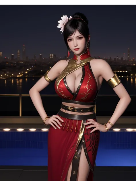 ZSGWSlianshi, 1girl, black hair, solo, jewelry, dress, earrings, ponytail, cleavage cutout, long hair, bare shoulders, armlet, hair flower, belt, <lora:ZSGWSlianshi:0.75>,hand on hip, looking at viewer, cityscape, night, pool, mature female,