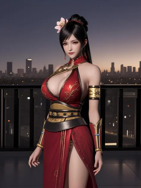 ZSGWSlianshi, 1girl, black hair, solo, jewelry, dress, earrings, breasts, ponytail, cleavage cutout, long hair, bare shoulders, armlet, hair flower,  belt, <lora:ZSGWSlianshi:0.75>,hand on hip, looking at viewer, cityscape, night, pool, mature female,