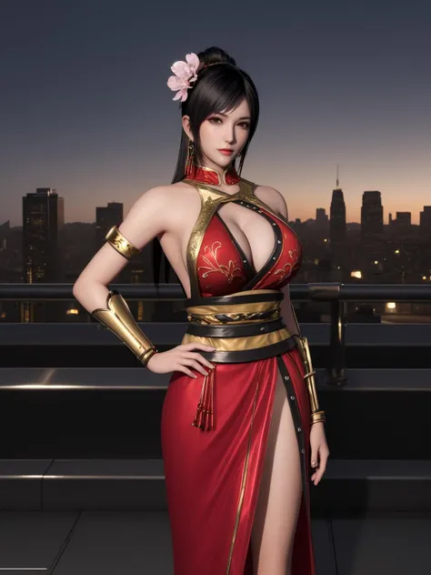 ZSGWSlianshi, 1girl, black hair, solo, jewelry, dress, earrings, ponytail, cleavage cutout, long hair, bare shoulders, armlet, hair flower,  belt, <lora:ZSGWSlianshi:0.75>,hand on hip, looking at viewer, cityscape, night, pool, mature female,
