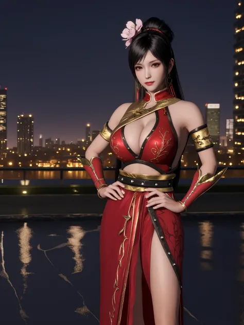 ZSGWSlianshi, 1girl, black hair, solo, jewelry, dress, earrings, ponytail, cleavage cutout, long hair, bare shoulders, armlet, hair flower, belt, <lora:ZSGWSlianshi:0.75>,hand on hip, looking at viewer, cityscape, night, pool, mature female,