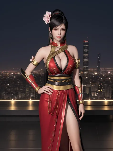 ZSGWSlianshi, 1girl, black hair, solo, jewelry, dress, earrings, ponytail, cleavage cutout, long hair, bare shoulders, armlet, hair flower, belt, <lora:ZSGWSlianshi:0.75>,hand on hip, looking at viewer, cityscape, night, pool, mature female,