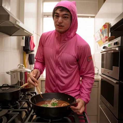 Best_QualityPos, 1 man, in a crazy autistic pose, crosseyed, crazy stinkface expression, <lora:joji_by_CARAXES_MK1-000004:1> ((joji)), (wearing a pink lycra suit, pink hood), pink guy, filthy frank, standing in front of a stove, holding chopsticks, cooking ramen noodles in pot