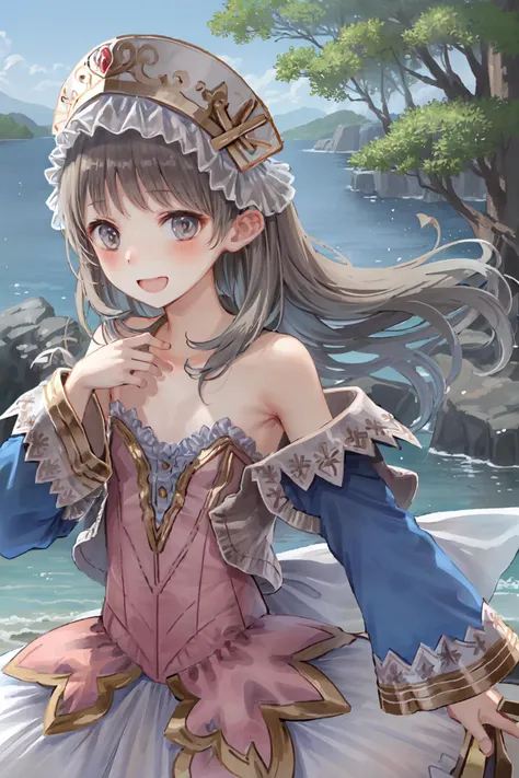 chartotori, 1girl, solo, smile, open mouth, looking at viewer, dynamic angle, (tilting upper body:1.4), blue sleeves,  detached sleeves, dress, standing, bare legs, bare shoulders, blush, collarbone, strapless, hat, frills, flat chest,back bow,  outdoor, landscape, sea, <lora:atelierTotoriTotooriaHelmold_v1a:1>