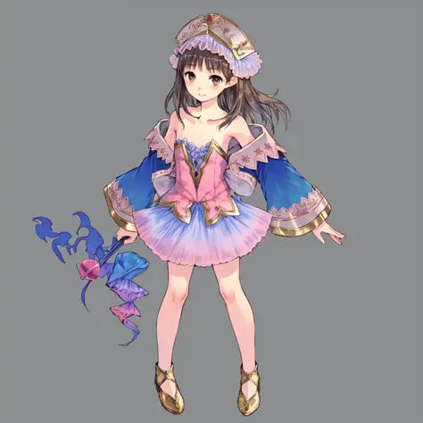 chartotori, 1girl, blue sleeves, solo, detached sleeves, full body, smile, skirt, looking at viewer, dress, bare shoulders, bare legs, blush, standing, collarbone, strapless, hat, shoes, legs, frills, flat chest, short dress, bow, long sleeves, arms at sides, <lora:atelierTotoriTotooriaHelmold_v1a:1>