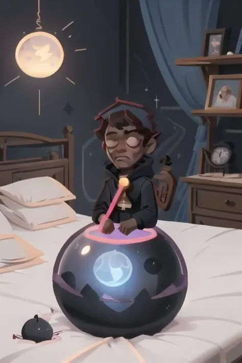 illustration of a man sleeping in bed and talking to a (black orb) on a shelf, a (genie) of (Samuel L Jackson) is coming out of the orb saying "Its late, why aren't you in bed?", Alexa device, <lora:R2W_glass_painting:1>